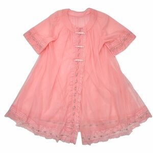 Vintage Shadowline Pink Sheer Peignoir Robe Embroidered Lace Nylon Lingerie
